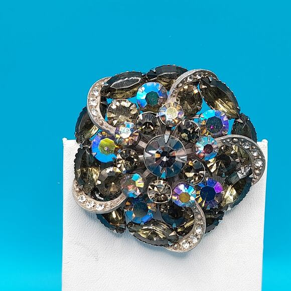 Vintage AB Black Diamond Rhinestone Flower Brooch Silver Tone 2 Inch main image 7